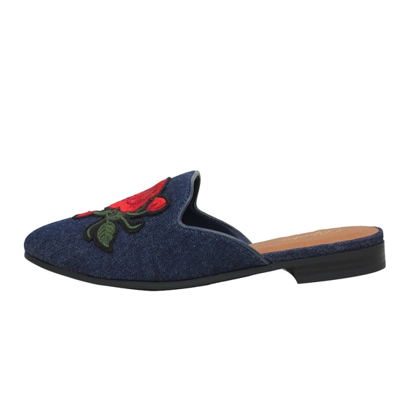 Blue Rose Embroidery Backless Slip On Loafer Mule - Picture 3 of 6